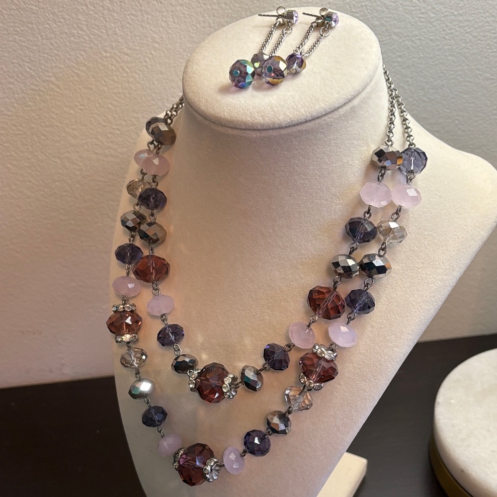 Vintage Signed Crown Trifari Multi-Color Beaded Necklace with earrings.